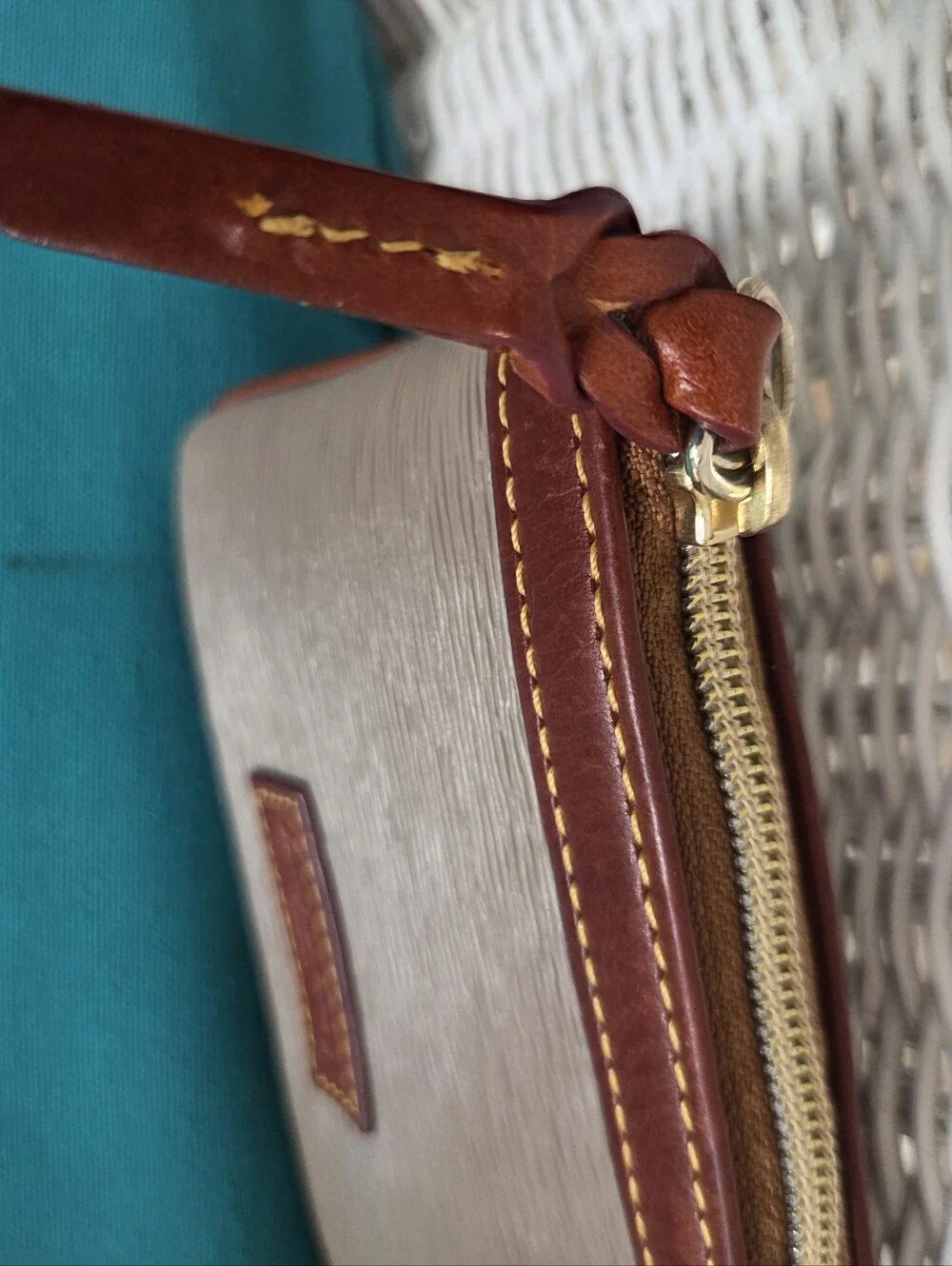 Dooney & Bourke Grey Clutch with Brown Leather Trim Wristlet, Key Ring